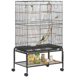 PawHut Jaula para Pájaros con Ruedas 79x49x133 cm Pajarera Metálico con 4 Comederos 3 Perchas Juguetes para Periquitos Negro