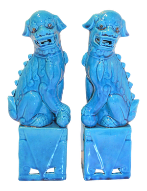 1980s Chinese Turquoise Glazed Large Foo Dog Figurines - a Pair