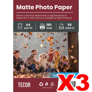 3 x Matte Photo Paper 180GSM A4 Size for Inkjet Printers - 50 sheets per pack (150 sheets in total)