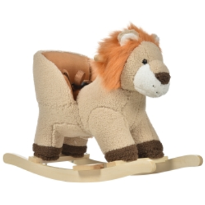 HOMCOM Caballito Balancín Infantil en Forma de León de Felpa para Bebés 18-36 Meses con Sonido Cinturón de Seguridad Manillar y Reposapiés 68x35x50 cm Marrón