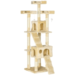PawHut Árbol Rascador para Gatos, Árbol para Gatos 173 cm, Torre Escalador con 2 Cuevas, 3 Camas, 2 Rampas, Postes de Sisal, 2 Ratones Colgantes, Beige