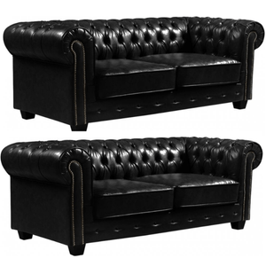 Chesterfield Black Leather Antique 3+3 Seater Sofa Set