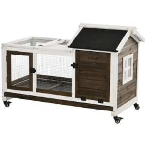PawHut Conejera de Madera con Ruedas para 1-2 Conejos con Techo Abrible Bandeja Extraíble 108x58x73,5 cm Marrón Oscuro