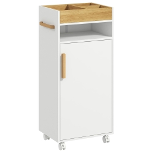 kleankin Armario de Baño Moderno con Estantes Ajustables Armario Bandeja Extraíble y Ruedas 40x30x88 cm Blanco y Roble