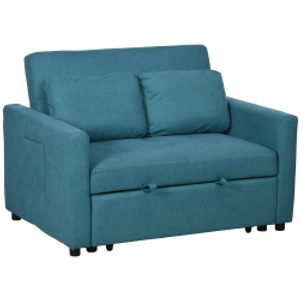HOMCOM Loveseat Sofa Bed, Convertible Bed Settee with 2 Pillows, Side Pockets, Blue