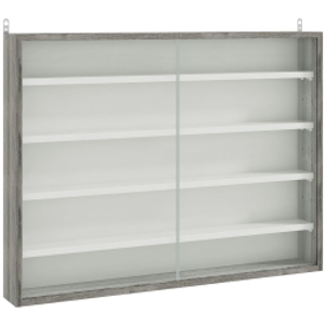 HOMCOM 5-Tier Wall Display Shelf Unit Cabinet w/ 4 Adjustable Shelves Glass Doors Home Office Ornaments 60x80cm Grey Wood Grain