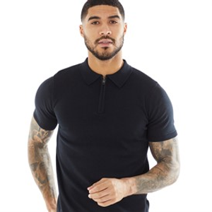 French Connection Mens Short Sleeve Cotton Zip Knit Polo Shirt Marine