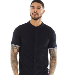 French Connection Mens Short Sleeve Tipped Knitted Shirt Marine/Ecru