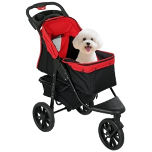 PawHut Carrito para Perros con 3 Ruedas Ventanas de Malla Cesta de Almacenaje y Correas de Seguridad 109,5x57,5x106,5 cm Rojo