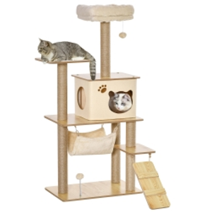PawHut Árbol Rascador para Gatos 130 cm, Árbol para Gatos con 5 Plataformas, Hamaca, Escalera, Cueva, Postes de Yute, Bola Colgante, Beige