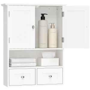 kleankin Armario de Pared para Baño Armario Colgante de Baño con 2 Puertas y 2 Cajones para Cocina 50,8x17,8x66 cm Blanco
