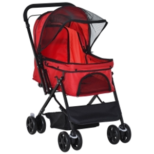 PawHut Carrito para Perros Plegable con Mango Reversible Ventana de Malla Cesta de Almacenamiento 76,5x52x95 cm Rojo