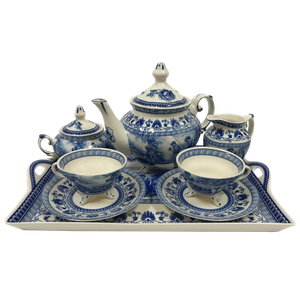 Liberty Blue Transferware Porcelain Tea Set With Tray Antique Reproduction - 10 Pieces