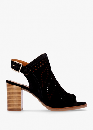 Arona Black Suede Laser Cut Block Heel Sandals