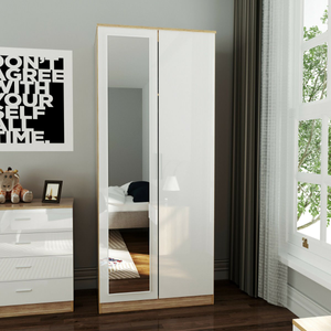ELEGANT 2 Door Mirror Wardrobe In White And Oak Finish Soft Close Hinged Doors