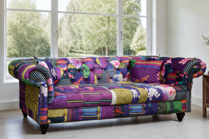 Multicoloured Fabric Patchwork 3 Seater Scroll Arm Chesterfield Sofa PORTOFINO