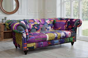 Multicoloured Fabric Patchwork 2 Seater Scroll Arm Chesterfield Sofa PORTOFINO
