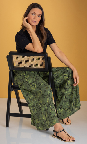 Leaf Print Palazzo Trousers - Khaki/Green