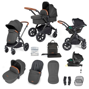 Ickle Bubba Stomp Luxe 12 Piece Travel System with i-Size Stratus Car Seat & ISOFIX Base - Black / Charcoal Grey / Tan