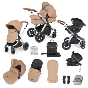 Ickle Bubba Stomp Luxe 12 Piece Travel System with i-Size Stratus Car Seat & ISOFIX Base - Silver / Desert / Tan