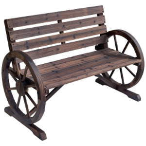 Outsunny Banco de Madera para Exteriores con Apoyabrazos en Forma de Rueda Aspecto Envejecido Jardín Balcón Terraza 105,5x59x75 cm Marrón Rústico