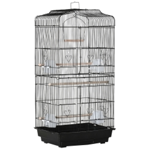 PawHut Jaula para Pájaros Pajarera de Metal con 4 Comederos 3 Perchas Columpio y Bandeja Extraíble 46,5x35,5x92 cm Negro