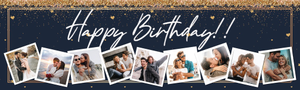 Personalised Party Banner - Blue &amp; Gold - Custom Text &amp; 9 Photo Upload