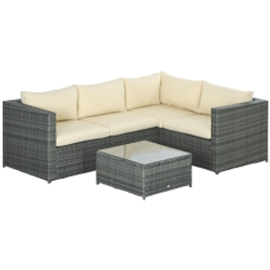 Outsunny 3 Pieces PE Rattan Garden Furniture Set with 10 cm Thick Cushions, 4 Seater Garden Corner Sofa Set with Glass Top Coffee Table, Outdoor Furniture for Patio, Porch, Beige