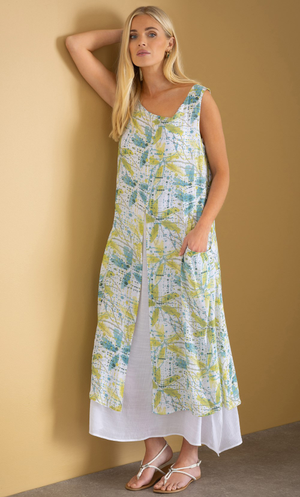 Printed Layered Sleeveless Maxi Dress - White/Lime