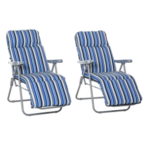 Outsunny 2 Tumbonas de Jardín de Acero con Cojín Acolchado Respaldo Ajustable y Reposapiés 60x75x65-102 cm Rayas Azul