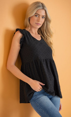 Eyelet Jersey Top - Black