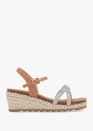 Iknot Diamante Knot Tan Leather Low Wedge Sandals