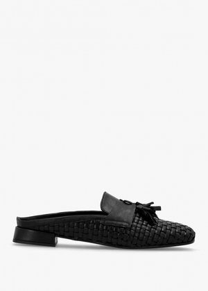 Nova Black Leather Woven Backless Mules