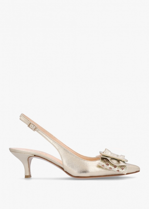Galina Gold Leather Raffia Bow Heeled Sling Backs
