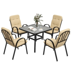 Outsunny 5 Pieces Outdoor Square Garden Dining Set for Small Garden with Tempered Glass Dining Table 4 Cushioned Armchairs, Umbrella Hole, Beige