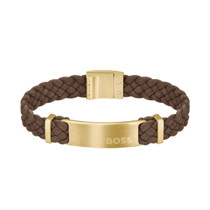 BOSS by Hugo Boss Jewellery Gold Steel & Brown Leather Men's Bracelet - 1580607M