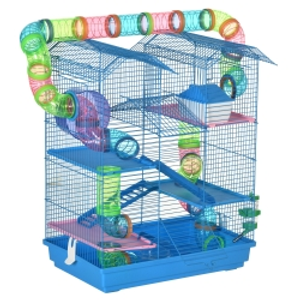 PawHut Jaula para Hámster de Múltiples Niveles con Tubos Plataformas Comedero Bebedero Casita Rueda Escaleras 47x30x59 cm Azul