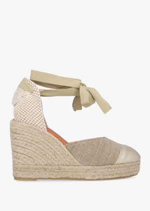 Kendall Beige Textile Gold Leather Toe Cap Wedge Espadrilles
