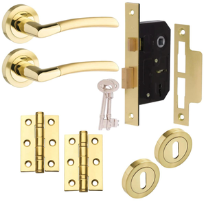 Augusta Lever on Rose Complete Lock Door Pack - Dual Tone Brass - 63mm - Handle/Sash Lock/Hinges - Designer Levers
