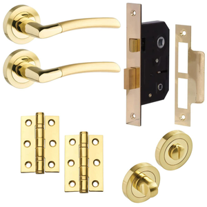 Augusta Lever on Rose Complete Bathroom Door Pack - Dual Tone Brass - 63mm - Handle/Lock/Hinges - Designer Levers