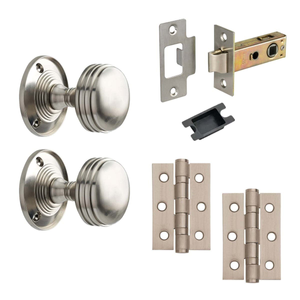 Ringed Mortice Door Knob Complete Internal Door Pack  - Satin Nickel - 76mm - Knob/Latch/Hinges - Designer Levers