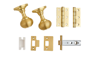 Beehive Mortice Door Knob Complete Internal Door Pack  - Brushed Brass - 76mm - Knob/Latch/Hinges - Designer Levers