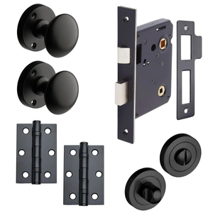 Orion Mortice Bathroom Door Knob Pack  - Matte Black - 76mm - Knob/Thumb Lock/Hinges - Designer Levers