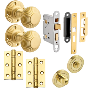 Beehive Mortice Door Knob Complete Bathroom Door Pack  - Brushed Brass - 76mm - Knob/Lock/Hinges - Designer Levers