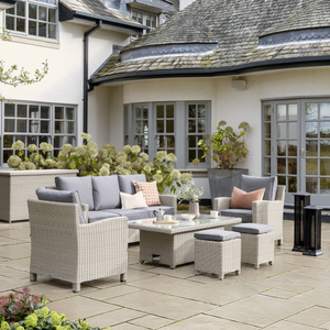 Kettler Palma Signature Sofa Set with Glass Top High Low Table Set  | White Wash Rattan | Taupe Cushion
