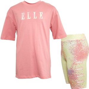 Elle Junior Girls Loose Fit T-Shirt And Cycling Shorts Set Plumeria