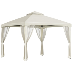 Outsunny Cenador de Jardín 3x3 m Pabellón de Exterior con Doble Techo de Ventilación 4 Cortinas Mosquiteras Laterales con Cremallera 8 Orificios de Drenaje Gazebo para Fiestas Patio Crema
