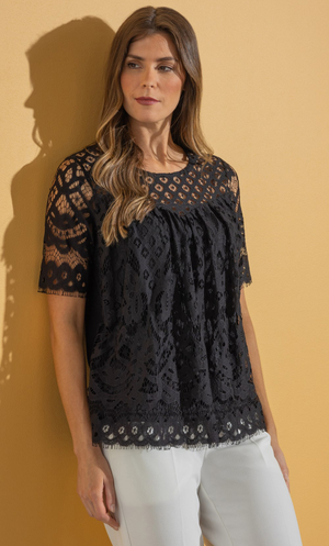 Short Sleeve Lace Top - Black