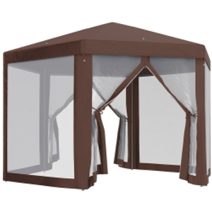 Outsunny Hexagonal Garden Gazebo - Patio Party Outdoor Canopy Tent Sun Shelter with Mosquito Netting and Zipped Door, Brown