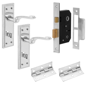 Georgian Scroll Lever Bathroom Door Pack - Handle/Lock/Hinges - Polished Chrome - Designer Levers